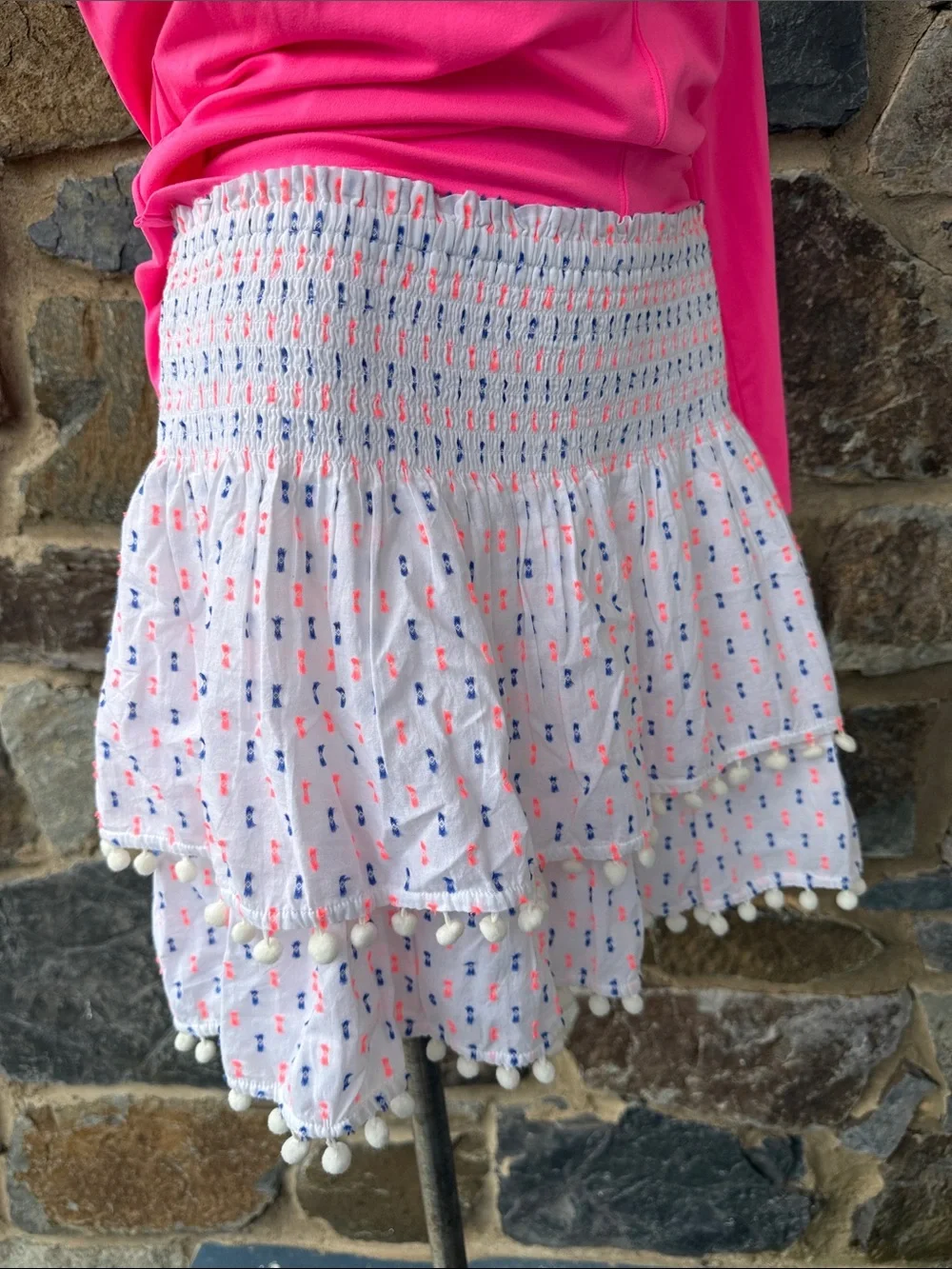 Lilly Pulitzer Ethenia Layered Pom Pom Layered Mini Skirt in Neon Clip Dot Large